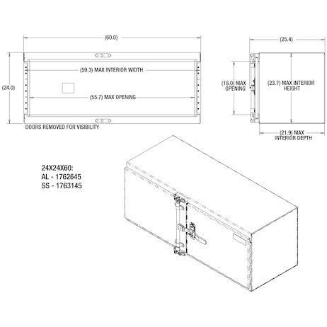 24x24x60 Inch Smooth Aluminum Underbody Truck Tool Box - Double Barn Door, Cam Lock Hardware