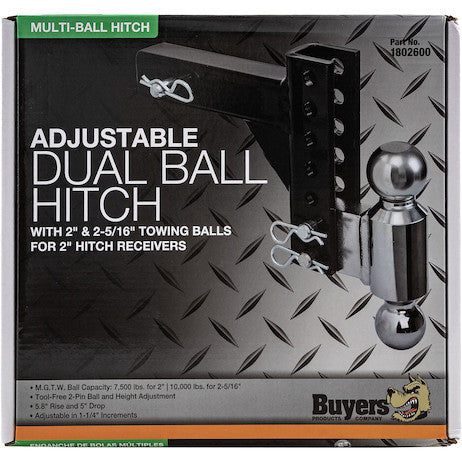 Adjustable Dual Ball Hitch with 2" & 2-5/16" Towing Balls for 2" Hitch Receivers - 5" Drop