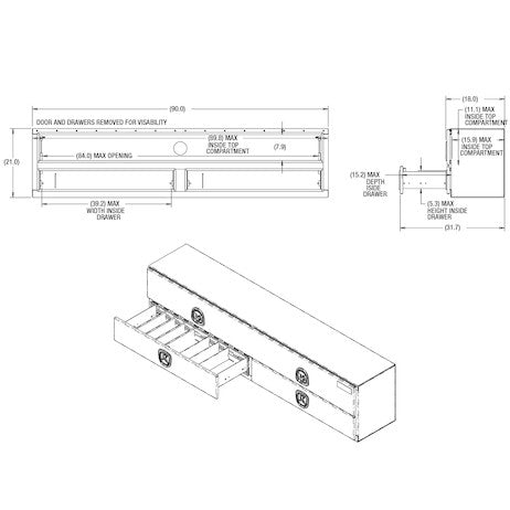 21x18x90 Inch Gloss Black Diamond Tread Aluminum Heavy-Duty Flatbed Contractor With Lower Drawers