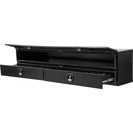 21x18x90 Inch Gloss Black Diamond Tread Aluminum Heavy-Duty Flatbed Contractor With Lower Drawers