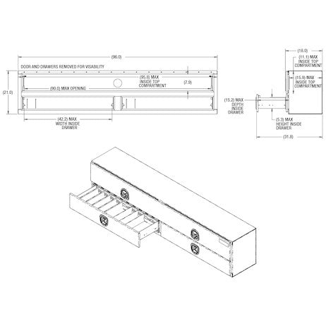 21x18x96 Inch Gloss Black Diamond Tread Aluminum Heavy-Duty Flatbed Contractor With Lower Drawers