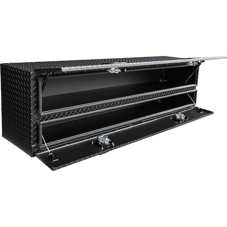 21x18x90 Inch Textured Matte Black Diamond Tread Aluminum Heavy-Duty Flatbed Contractor With Lower Door 