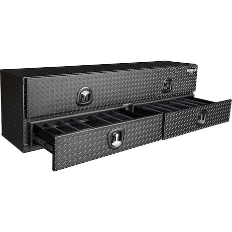 21x18x88 Inch Textured Matte Black Diamond Tread Aluminum Heavy-Duty Flatbed Contractor With Lower Drawers