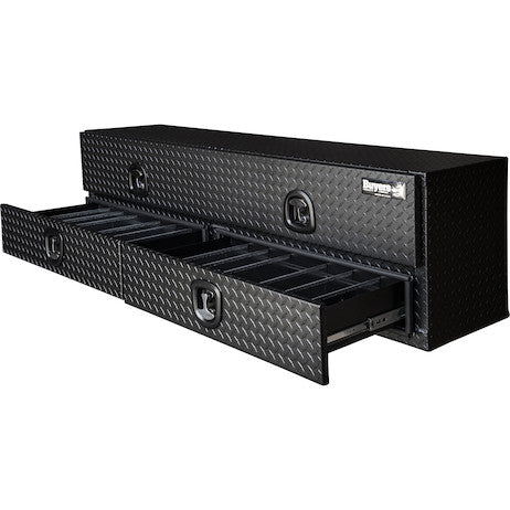 21x18x96 Inch Textured Matte Black Diamond Tread Aluminum Heavy-Duty Flatbed Contractor With Lower Drawers