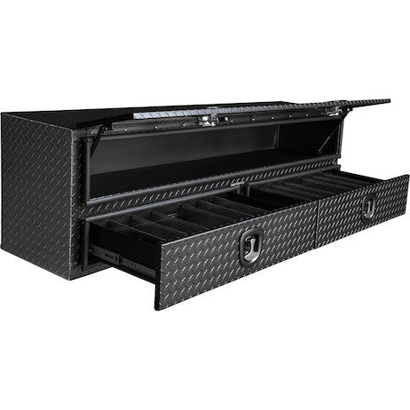 21x18x90 Inch Textured Matte Black Diamond Tread Aluminum Heavy-Duty Flatbed Contractor With Lower Drawers