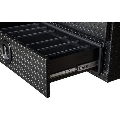 21x18x96 Inch Textured Matte Black Diamond Tread Aluminum Heavy-Duty Flatbed Contractor With Lower Drawers
