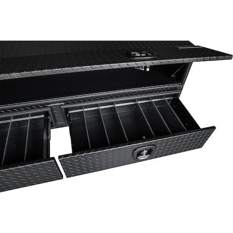 21x18x72 Inch Textured Matte Black Diamond Tread Aluminum Heavy-Duty Flatbed Contractor With Lower Drawers