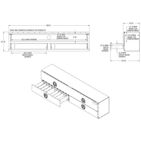 21x18x88 Inch Textured Matte Black Diamond Tread Aluminum Heavy-Duty Flatbed Contractor With Lower Drawers
