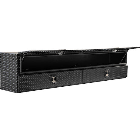 21x18x96 Inch Textured Matte Black Diamond Tread Aluminum Heavy-Duty Flatbed Contractor With Lower Drawers