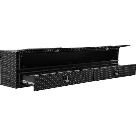 21x18x90 Inch Textured Matte Black Diamond Tread Aluminum Heavy-Duty Flatbed Contractor With Lower Drawers