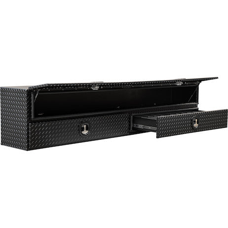 21x18x96 Inch Textured Matte Black Diamond Tread Aluminum Heavy-Duty Flatbed Contractor With Lower Drawers