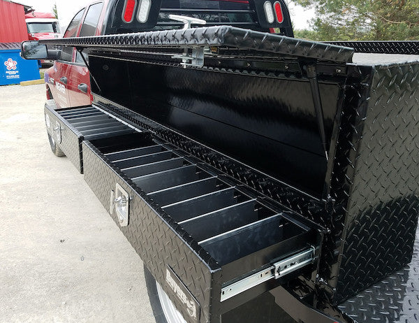 21x13x60 Inch Gloss Black Diamond Tread Aluminum Pick-Up Truck Contractor With Lower Drawers Topsider