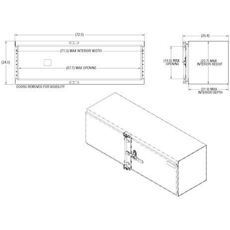 24x24x72 Inch Smooth Aluminum Underbody Truck Tool Box - Double Barn Door, Cam Lock Hardware