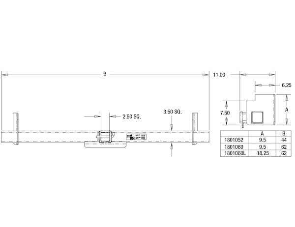 Class 5 62 Inch Service Body Hitch Receiver with 2-1/2 Inch Receiver Tube and 18 Inch Mounting Plates