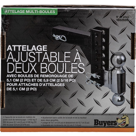 Adjustable Dual Ball Hitch with 2" & 2-5/16" Towing Balls for 2" Hitch Receivers - 5" Drop