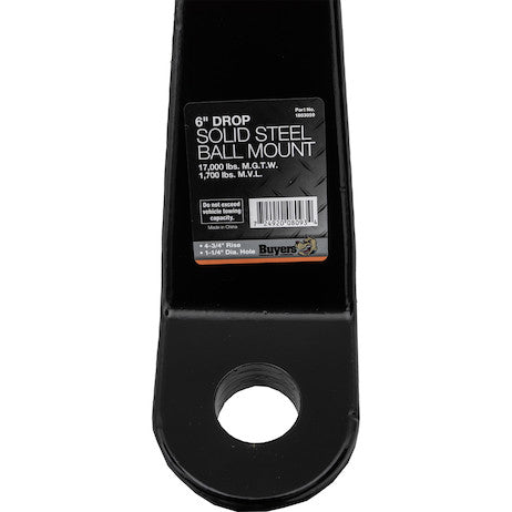 2 Inch Heavy-Duty Ball Mount 6 Inch Drop x 9-3/8 Long Tube Black For 1-1/4 Hole