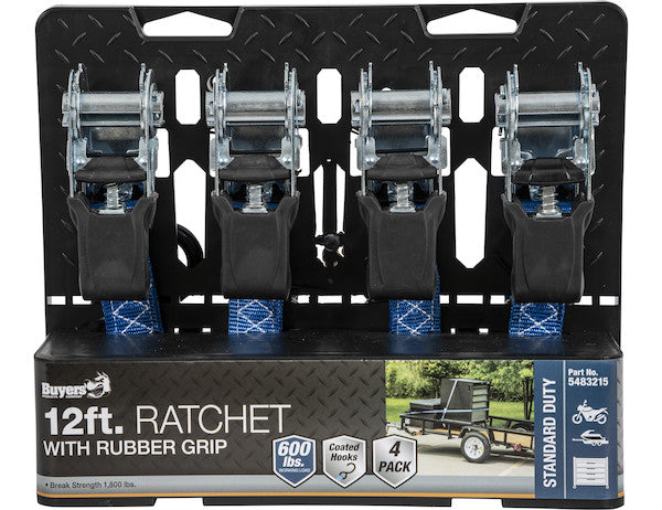 12 Foot Standard Duty Ratchet Tie Down with Rubber Grip - 4 Pack
