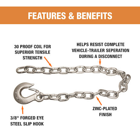 3/8x22 Inch Class 4 Trailer Safety Chain With 1 Forged Eye Slip Hook-30 Proof