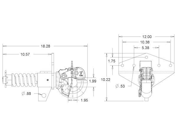 25 Ton Swivel Type Pintle Hook with T-bracket - Compares to Wallace # 2046103