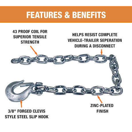 3/8x35 Inch Class 4 Trailer Safety Chain With 1-Clevis Style Slip Hook-43 Proof