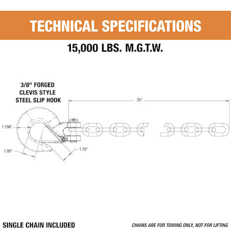 3/8x35 Inch Class 4 Trailer Safety Chain With 1-Clevis Style Slip Hook-43 Proof
