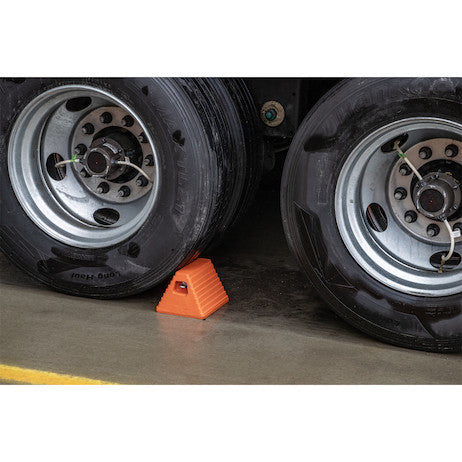 Orange Heavy Duty Rubber Wheel Chock with Recessed Chain Eye 10x8x6 Inch